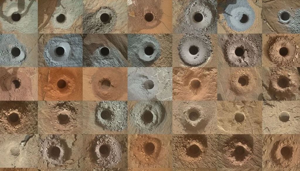 El rover Curiosity Mars de la NASA ha recogido 42 muestras de roca pulverizada con la perforadora en el extremo de su brazo robótico. Esta cuadrícula muestra los 42 agujeros realizados por el taladro al recoger las muestras.