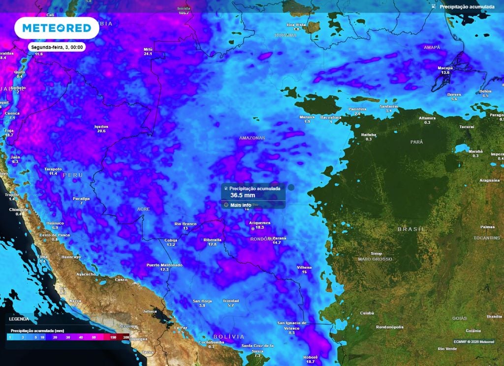 Precipitação Acumulada. Mapa de precipitação acumulada até o final da noite de domingo (2).