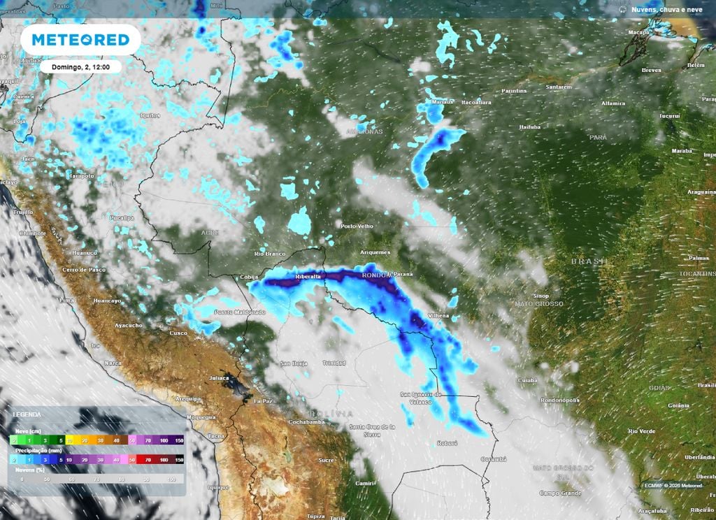 Precipitação. Mapa mostra o avanço da linha de instabilidade sobre áreas de RO, AC, AM e oeste do MT.