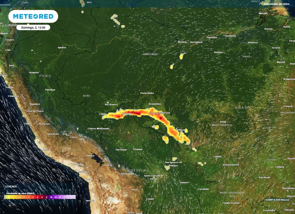 Mapa de tempestades. Mapa mostra áreas com maior risco de tempestades na tarde de domingo (2).