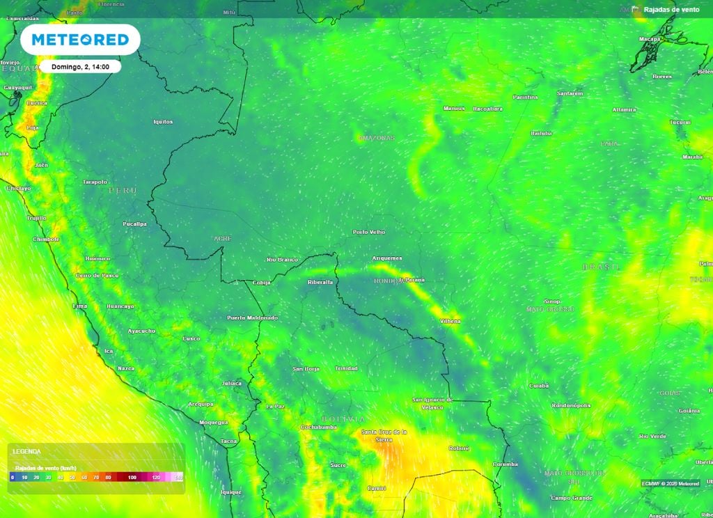 Rajadas de vento. Mapa mostra rajadas de vento sobre o 4 estados afetados. Ventos podem chegar próximos a 50 km/h.