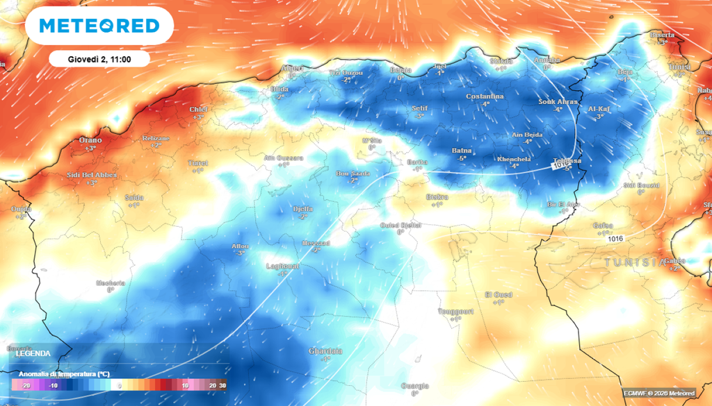 In questi giorni su vaste aree del Sahara si presentano temperature sotto le medie del periodo, come sull'Algeria e nella vicina Libia.