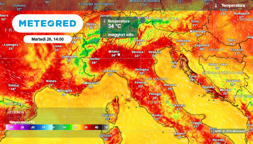 Le tmeperature previste dal modello europeo martedì 26 maggio, nel pomeriggio, nelle regioni del centro-nord. Attesi picchi di 34-35°C in Pianura Padana.