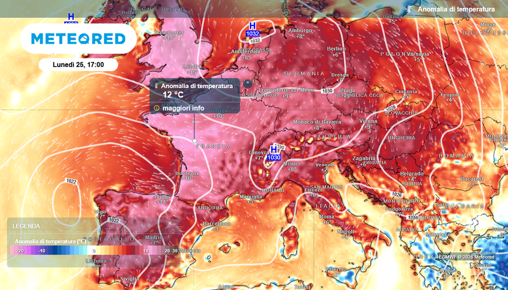 Anomalie termiche eccezionali lunedì 25 e martedì 26 maggio 2026 sull'Europa: valori di +12°C e fino a +14°C sopra la media in Francia e Gran Bretagna. Tanto caldo anche dal Portogallo alla Spagna e fino alla Germania. In Italia, forti anomalie al Nord e anche al Centro.