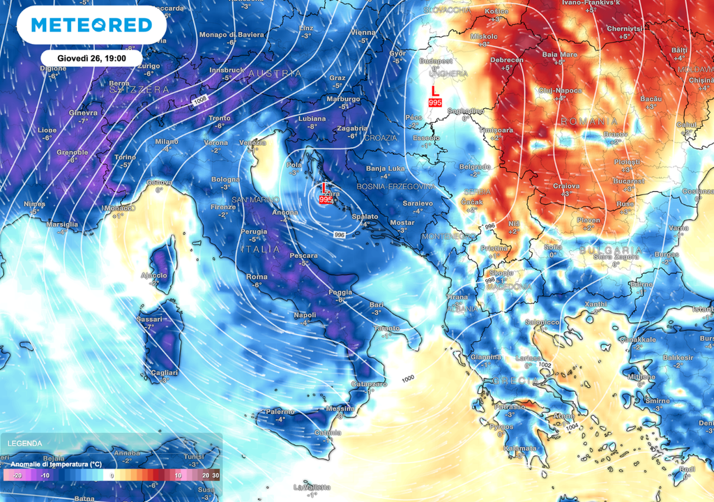 Le anomalie termiche previste tra giovedì e venerdì mostrano con chiarezza l’ingresso di aria più fredda sull’Italia.