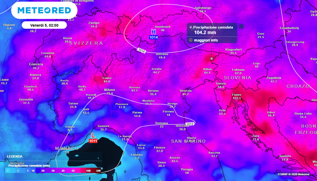 Sul Nord-Est, in particolare nell'area della Carnia, potranno cadere fino a oltre 100 mm di pioggia nei prossimi giorni.