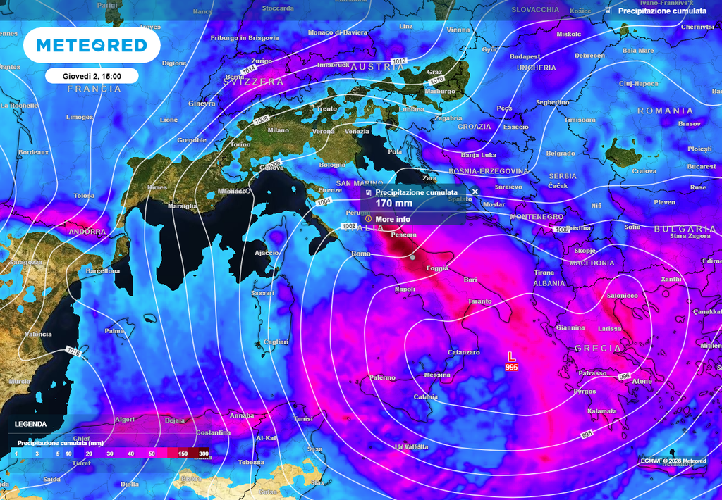 Piogge diffuse e accumuli totali superiori ai 150 millimetri