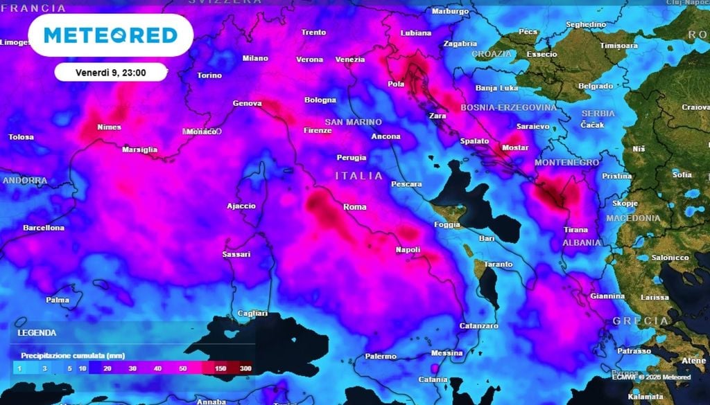 Le precipitazioni cumulate e stimate nell'arco dell'intero peggioramento, quindi fino a venerdì, potrebbero raggiungere picchi ragguardevoli, anche compresi tra i 100 e i 120 mm, in particolare sui settori più occidentali della penisola. ECMWF MeteoRed
