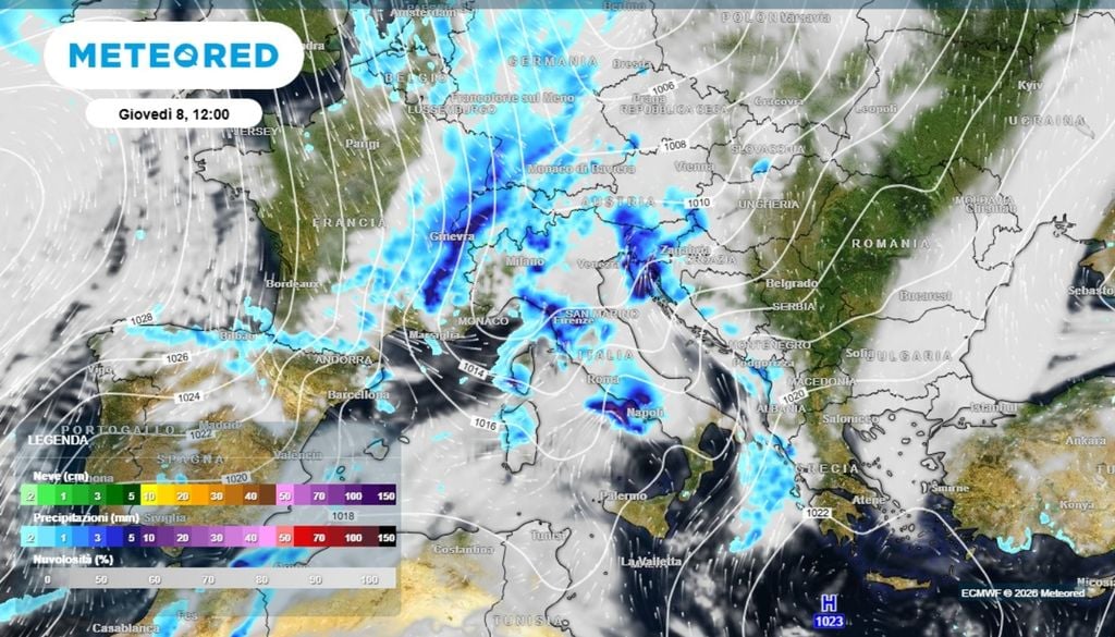 Un nuovo peggioramento a partire da giovedì e per l'intera giornata di venerdì, quando un secondo corposo nocciolo di aria fredda di motrice nord-atlantica irromperà sul Mediterraneo, andando a scavare un profondo minimo di pressione. ECMWF MeteoRed