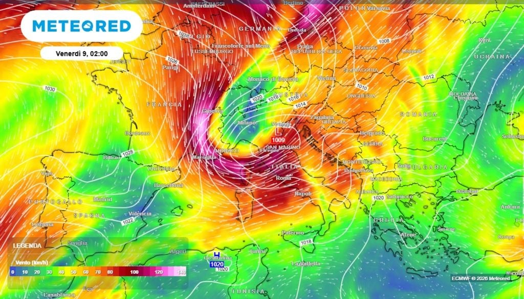 Questa carta dei venti a 500 hPa permette di vedere la circolazione dei venti in quota. Tra giovedì e venerdì i venti, al suolo, soffieranno forti dai quadranti occidentali, con possibili burrasche di Libeccio, e di Ponente sul mar di Sardegna, sul Mar Ligure e su tutto il terreno centro-settentrionale. ECMWF MeteoRed
