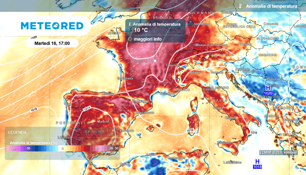 Anomalie termiche in Europa martedì 16 giugno.
