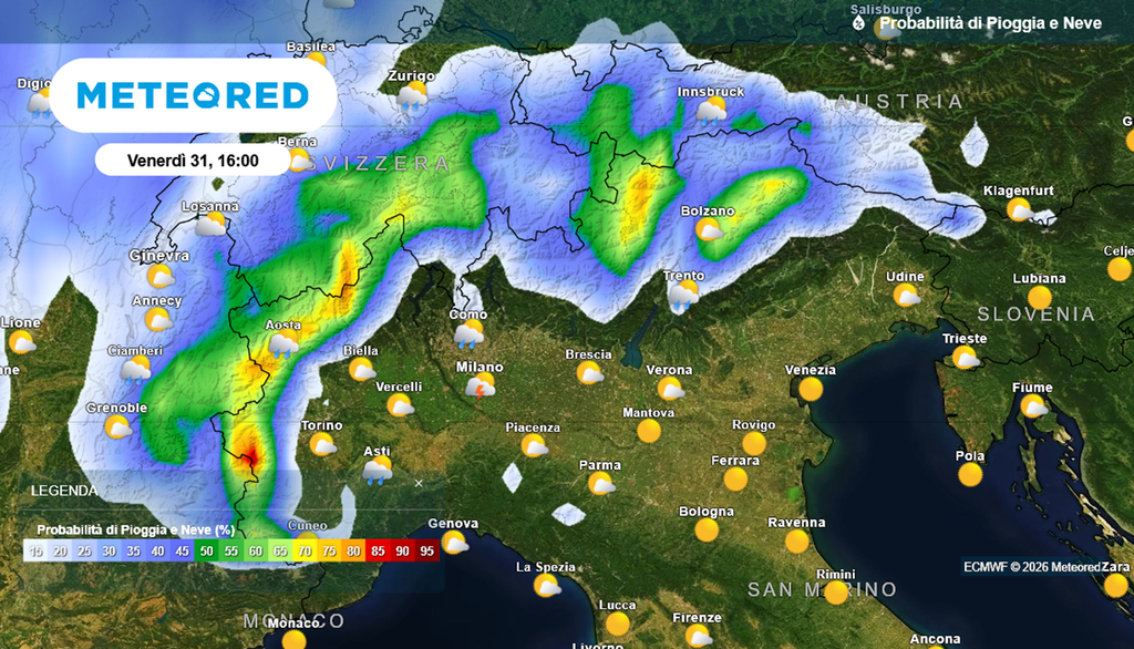 Nel pomeriggio di venerdì 31 luglio potrebbero svilupparsi forti temporali sulle Alpi.