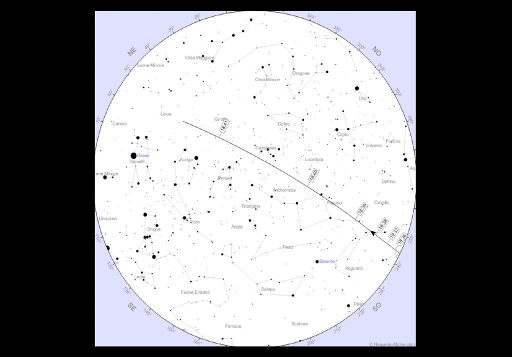 ISS Traiettoria percorsa dalla ISS la notte del 16 Gennaio visibile dall'Italia Settentrionale. Credit: Heavens Above