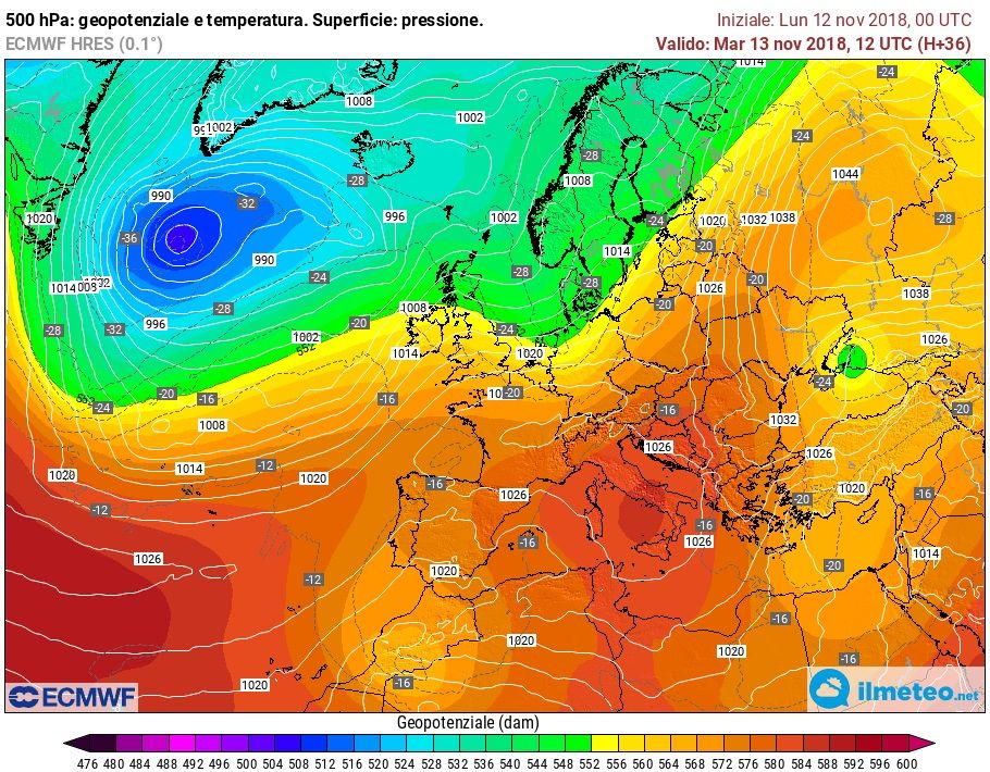 Situazione prevista a 500 hPa (5000 mt di quota circa) per il giorno 13 Novembre