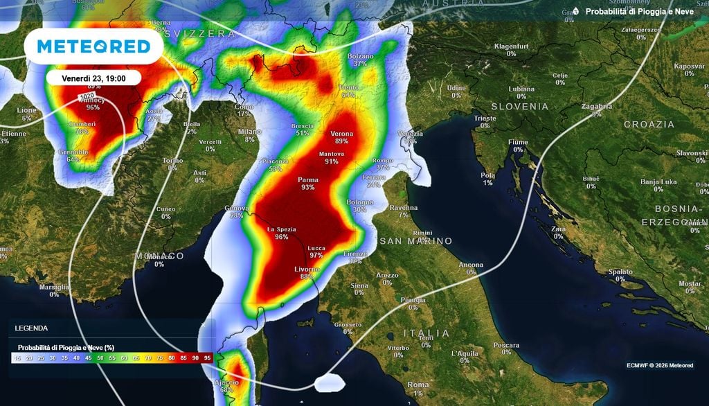 La probabilità di piogge nel pomeriggio di oggi, venerdì 23 ottobre 2026.