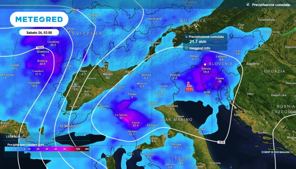 Nella notte tra 23 e 24 ottobre, piogge abbondanti sul Friuli-Venezia Giulia, specie nell'area di Trieste.