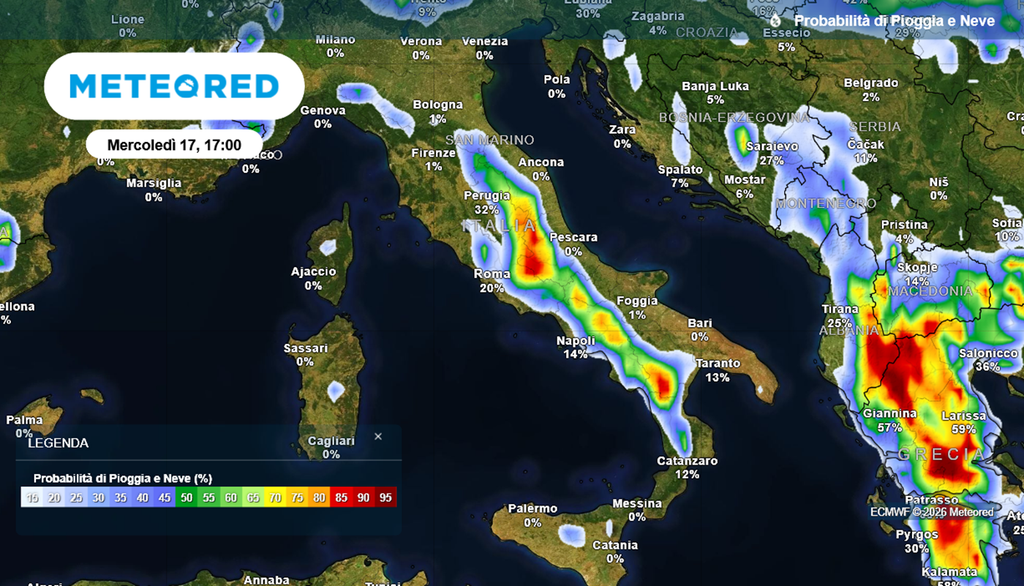 Instabilità pomeridiana lungo l'Appennino in Italia nel pomeriggio di mercoledì 17 giugno 2026.