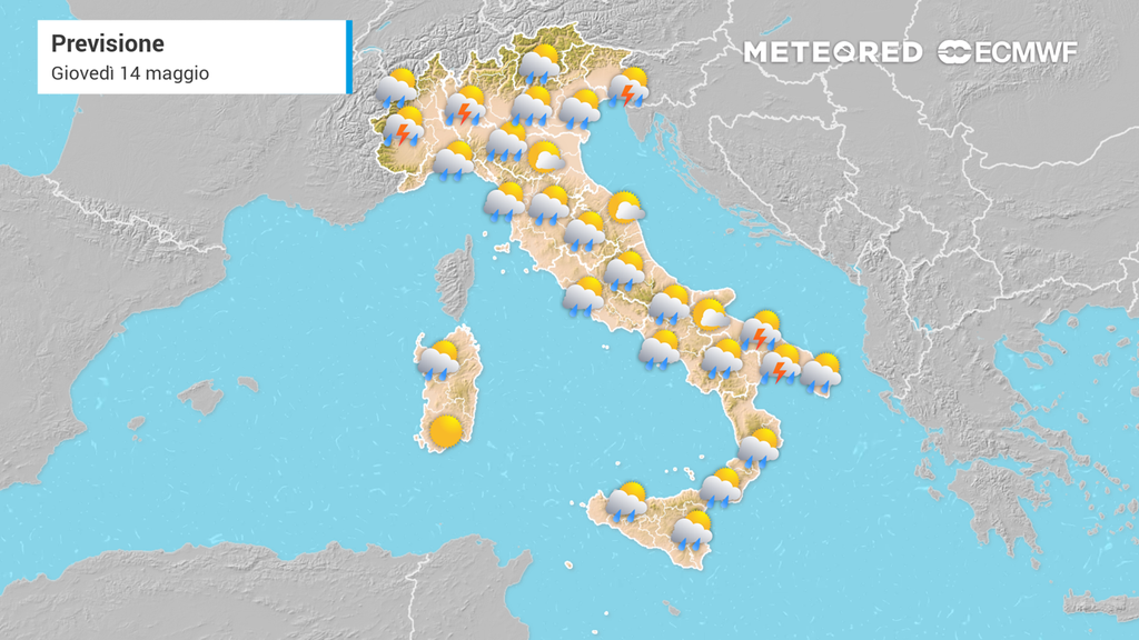 Le previsioni meteo per giovedì 14 maggio 2026 sull'Italia.
