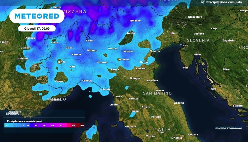 Il modello europeo ECMWF ci mostra come, in una prima fase, quindi nel pomeriggio e fino a sera, le precipitazioni risulteranno ancora confinate principalmente all'arco alpino, ai settori pedemontani piemontesi e all'estremo ponente ligure. ECMWF-MeteoRed