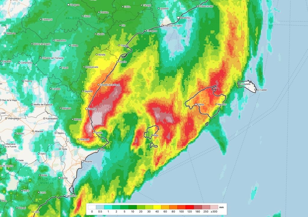 Precipitación acumulada prevista las próximas 24 horas por el modelo Harmonie-Arome de la AEMET. Fuente: Harmonie-Arome.es.