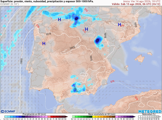 Presión en superficie y precipitaciones previstas en escala de colores para el viernes 15 de agosto de 2026. Tiempo.com
