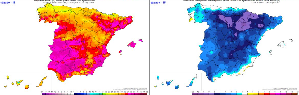 Temperaturas máximas previstas, a la izquierda, y variación respecto al día anterior, derecha, para el viernes 15 de agosto de 2026. Fuente: César Rodríguez Ballesteros