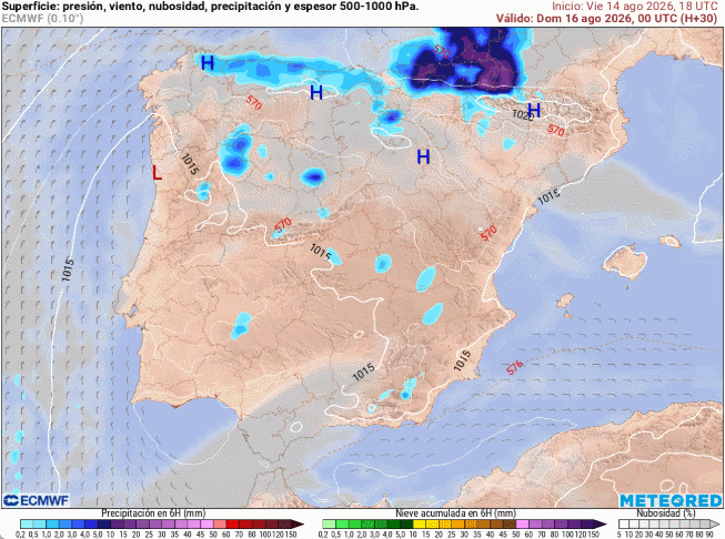 Presión en superficie y precipitaciones previstas en escala de colores para el viernes 16 de agosto de 2026. Tiempo.com