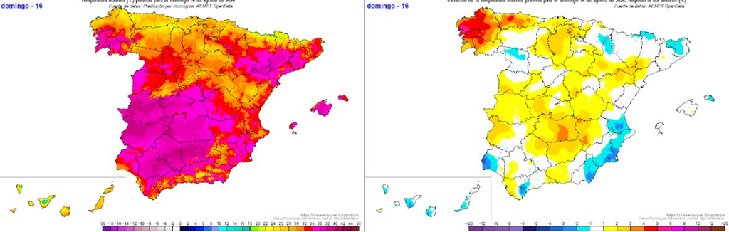 Temperaturas máximas previstas, a la izquierda, y variación respecto al día anterior, derecha, para el viernes 16 de agosto de 2026. Fuente: César Rodríguez Ballesteros