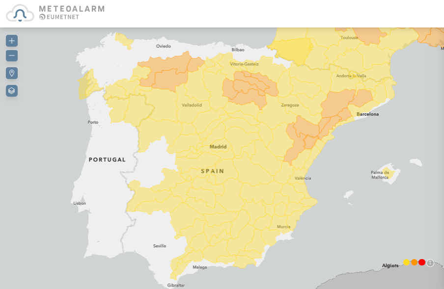 Avisos meteorológicos para España para el 15 de agosto de 2026, gran parte de ellos por lluvias y tormentas fuertes y localmente muy fuertes. Meteoalarm.