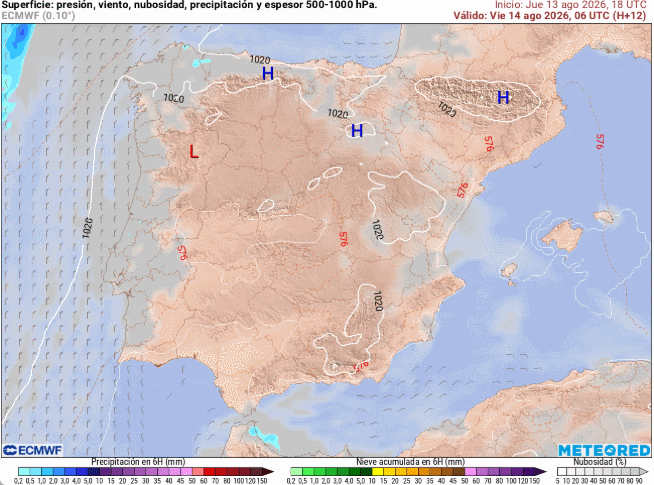 Presión en superficie y precipitaciones previstas en escala de colores para el viernes 14 de agosto de 2026. Tiempo.com