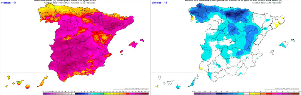 Temperaturas máximas previstas, a la izquierda, y variación respecto al día anterior, derecha, para el viernes 14 de agosto de 2026. Fuente: César Rodríguez Ballesteros