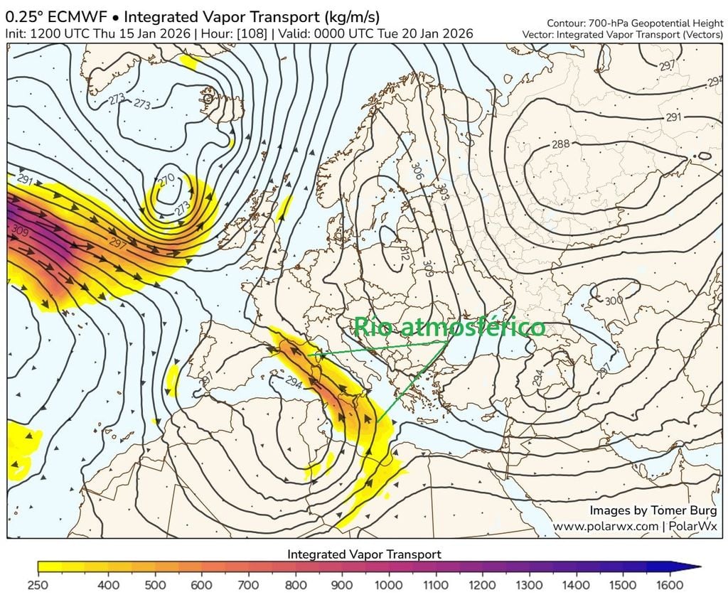 Río atmosférico asociado a la situación del 20 de enero de 2026 con el geopotencial en 700 hPa (3.000 m aprox.) y transporte de vapor de agua integrado en escala de colores, según modelo ECMWF. Fuente: Tomer Burg.