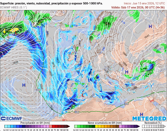 Evolución de la presión en superficie y precipitaciones previstas, en escala de colores, para el 17 de enero de 2026. Tiempo.com