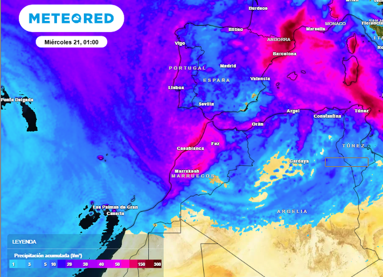 Precipitación acumulada prevista hasta el 21 de enero de 2026 00 UTC, según modelo ECMWF y escala de colores adjunta. Tiempo.com