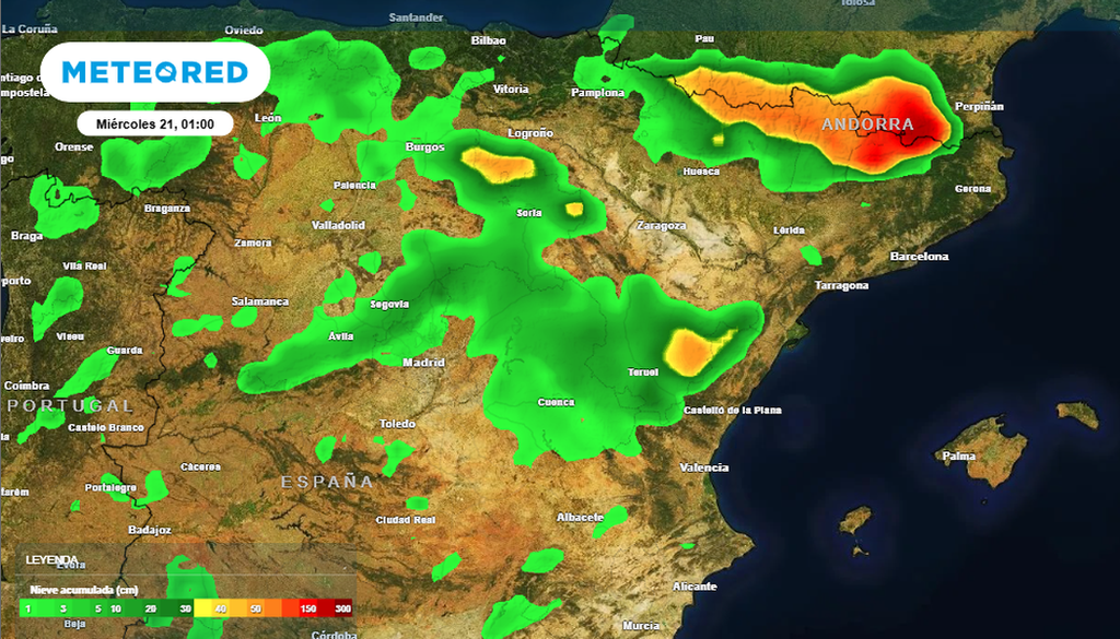 Ídem que el caso anterior pero para la nieve acumulada prevista. Tiempo.com