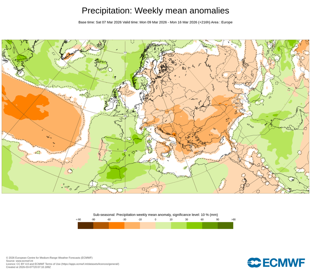 Anomalías semanales de precipitación para el mismo periodo anterior: verdes para anomalías positivas de precipitación y naranjas para negativas. ECMWF