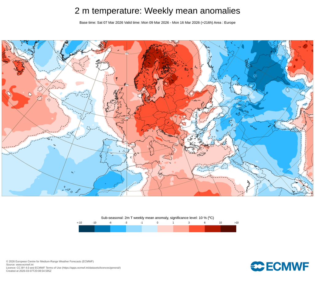 Anomalías semanales de temperatura para el mismo periodo: anomalías cálidas en escala de rojos y frías en escala de azules. ECMWF