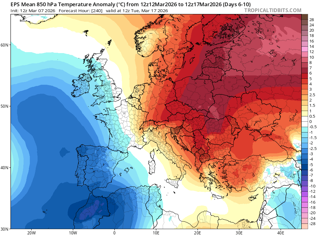 Mapas medios de 5 días del modelo probabilístico EPS entre el 12 y 17 de marzo de 2026: arriba, con la presión media y abajo, con las temperaturas medias de dicho periodo. Cómo se puede observar, predominan las bajas presiones (zonas azules en mapa de arriba) y ambiente más fresco de lo normal (zonas azules en mapa de abajo). ECMWF