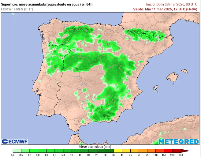 Precipitación acumulada prevista hasta el 11 de marzo de 2026: arriba, total y abajo, en forma de nieve para Península y Baleares. Tiempo.com