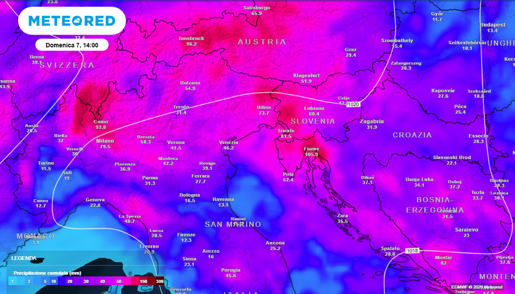 L’indebolimento del margine più settentrionale dell’anticiclone subtropicale favorirà l’ingresso di una saccatura atlantica, con aria fredda in quota (fino a -20°C a 500 hPa) che causerà molta instabilità.