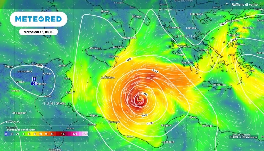 Ciclone. L'area dove si formerà il vortice che potrebbe assumere piene caratteristiche subtropicali, fra martedì e mercoledì. Si notano i venti molto forti attorno al minimo di pressione, a sud-est della Sicilia.