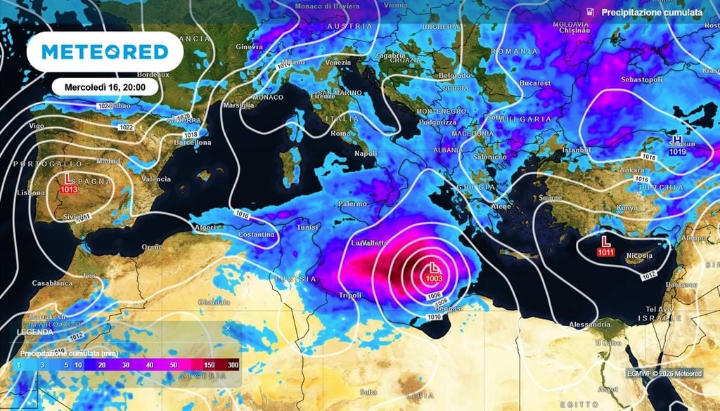 Piogge, maltempo. Ecco le abbondanti precipitazioni attese sull'area dove si formerà il profondo ciclone, dalle caratteristiche subtropicali.