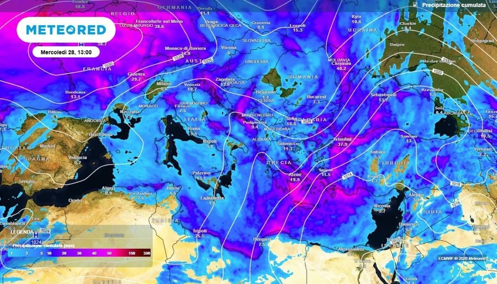 Maltempo. Le aree tirreniche, parte del Centro-Sud e alcuni settori del Nord Italia potrebbero risultare particolarmente sensibili, a seconda della precisa traiettoria dei minimi depressionari che andranno a scavarsi sul Mare Nostrum.