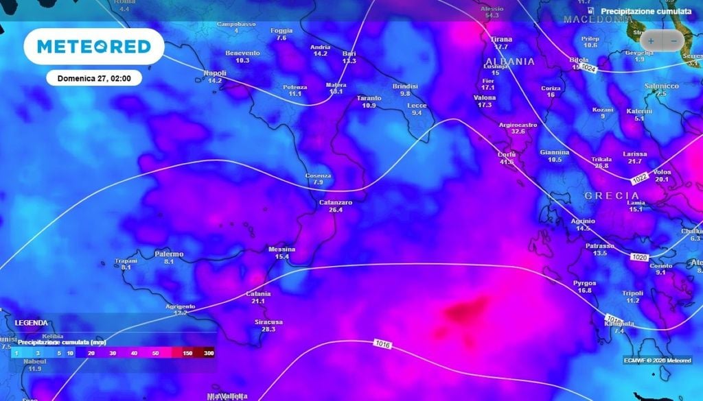 Le precipitazioni previste dal modello europeo ECMWF per i prossimi giorni sull'Italia meridionale.