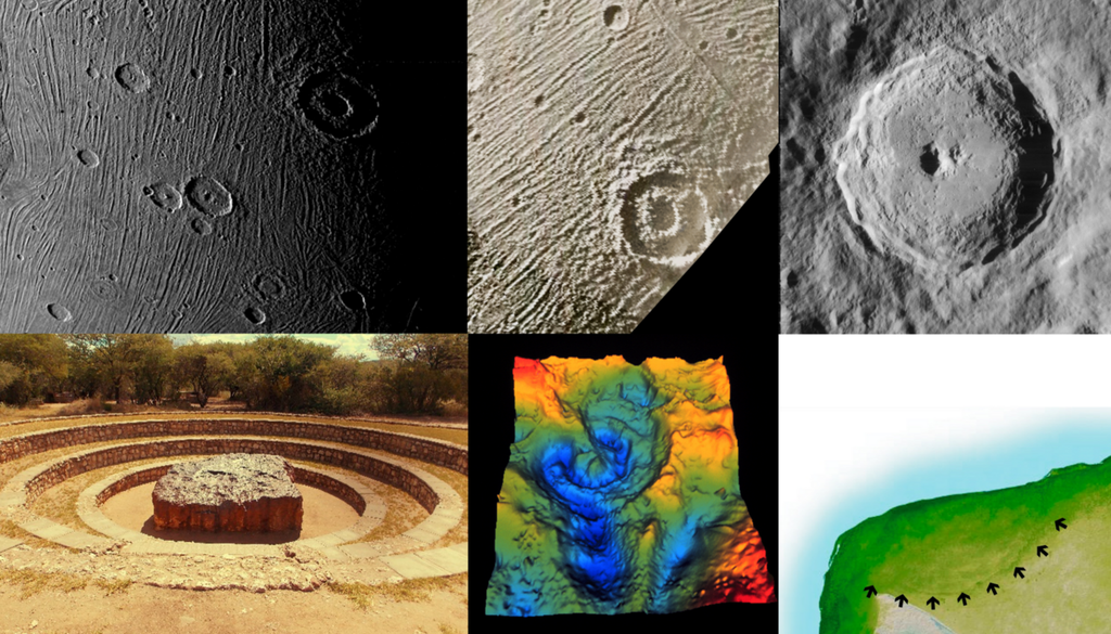 Oben: der Krater Anubis auf Jupitermond Ganymed (links, Mitte), Mondkrater Tycho (rechts). Unten: der Hoba-Meteorit in Namibia mit künstlich angelegten Ringstufen (links), Gravitationskarte (Mitte) und Karte (rechts) des Chicxulub-Kraters auf der mexikanischen Halbinsel Yucatán. Bilder: Eugen Zibiso/NASA