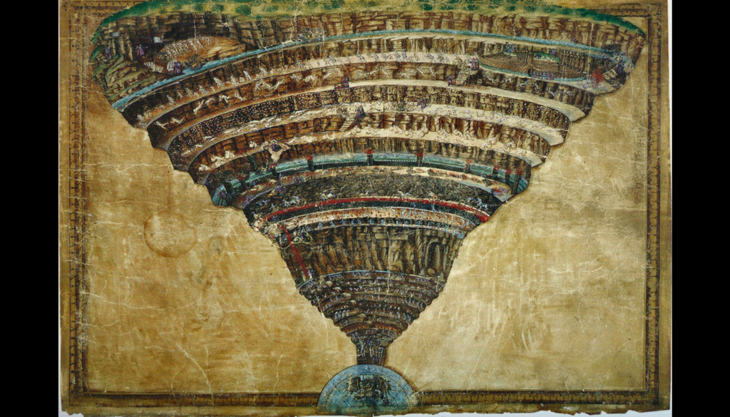 Dantes Hölle (Inferno) mit den neun Höllenkreisen (und deren Unterteilungen) und Luzifer im letzten und tiefsten Höllenkreis. Illustration von Sandro Botticelli. Bild: Public Domain