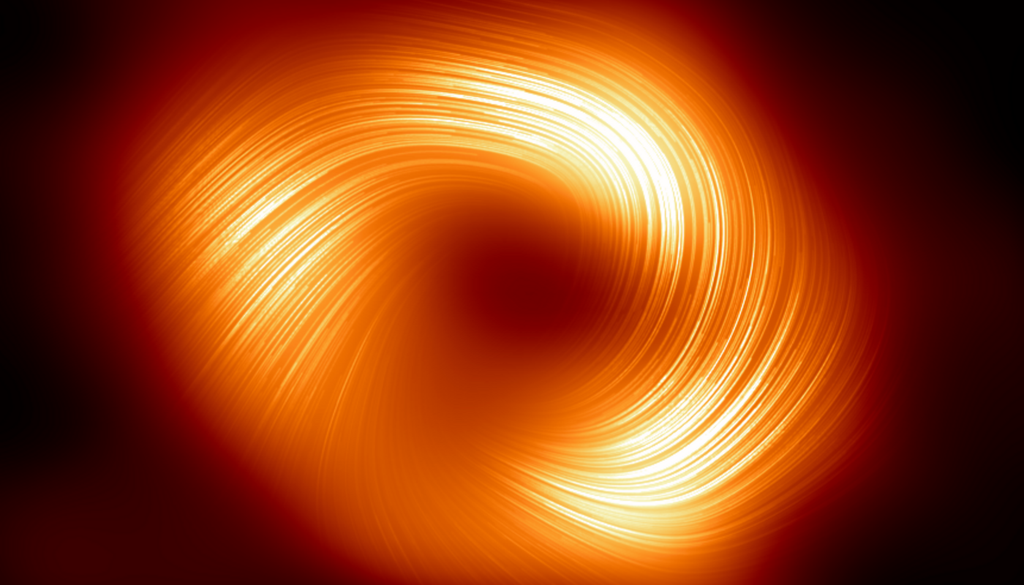 Ein Blick auf das supermassereiche Schwarze Loch Sagittarius A* in polarisiertem Licht, das die starken Magnetfelder erkennen lässt. Bild: EHT Collaboration