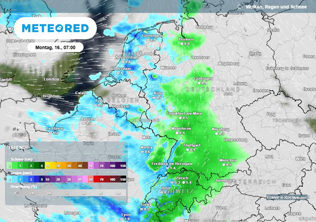 Da zieht am Rosenmontag eine Schneefront von Westen nach Ost. Es drohen glatte Straßen und Gehwege.