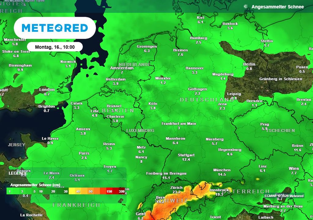 Die Wetterkarte zeigt die möglichen Schneehöhen am Rosenmontag.