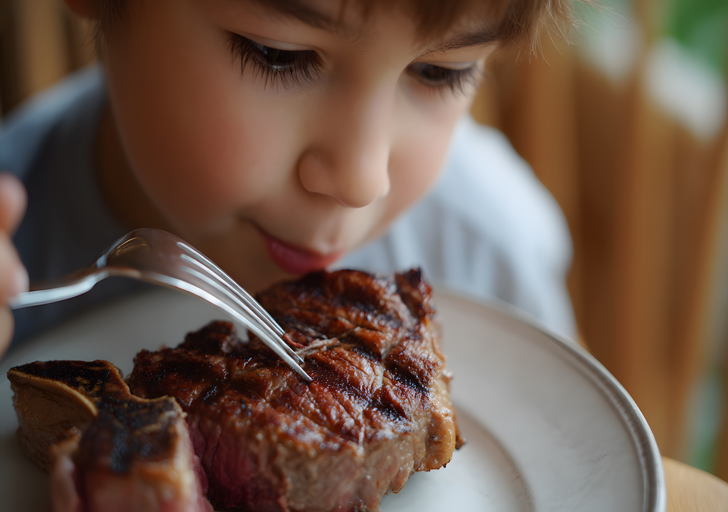 Kind, Steak, Gemüse, fleischbasierte Ernährung, Darm, Herz, Stoffwechsel Kind, Steak, Gemüse, fleischbasierte Ernährung, Darm, Herz, Stoffwechsel